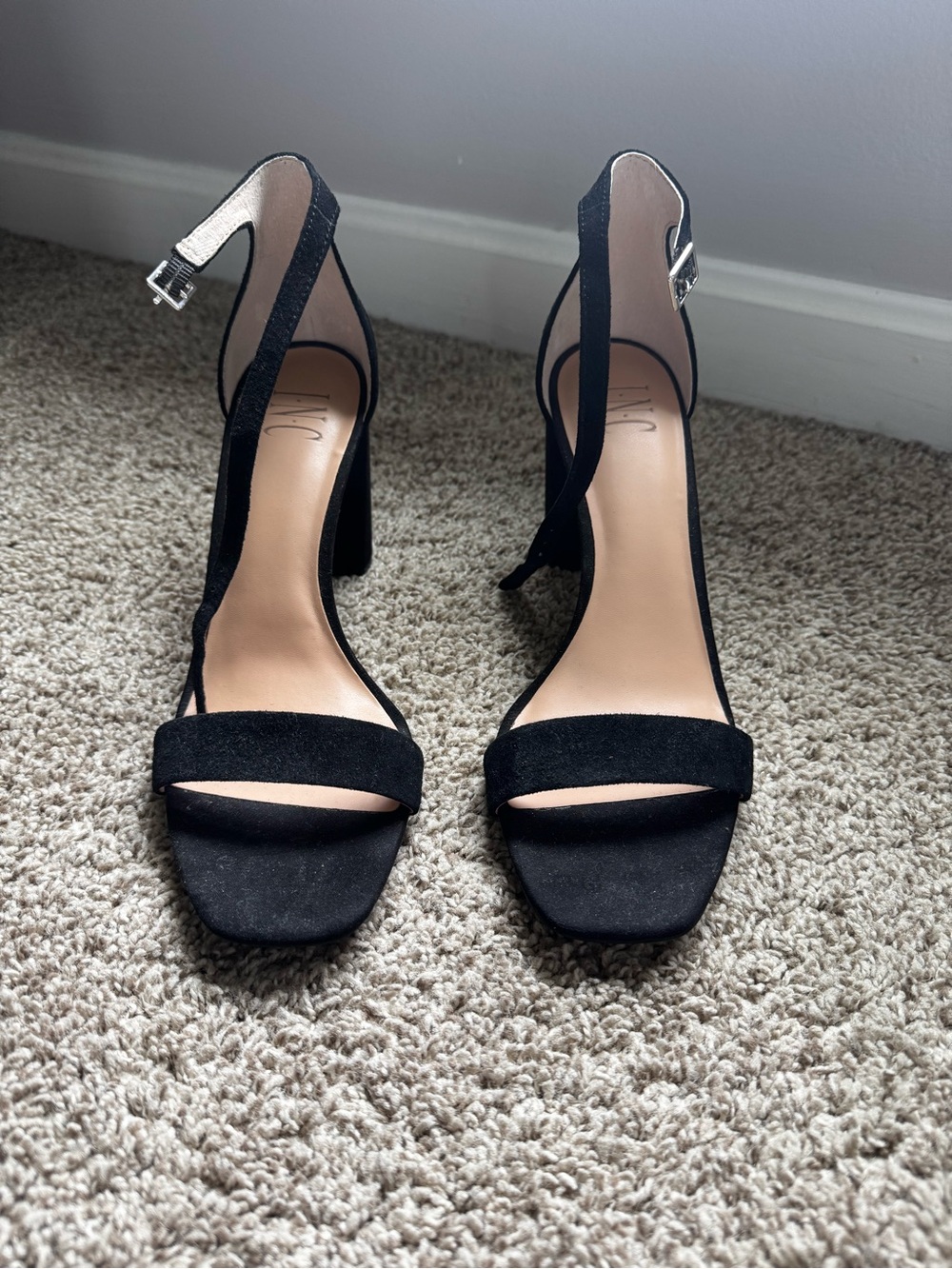 INC International Concepts Black Suede Ankle-Strap Block Heels